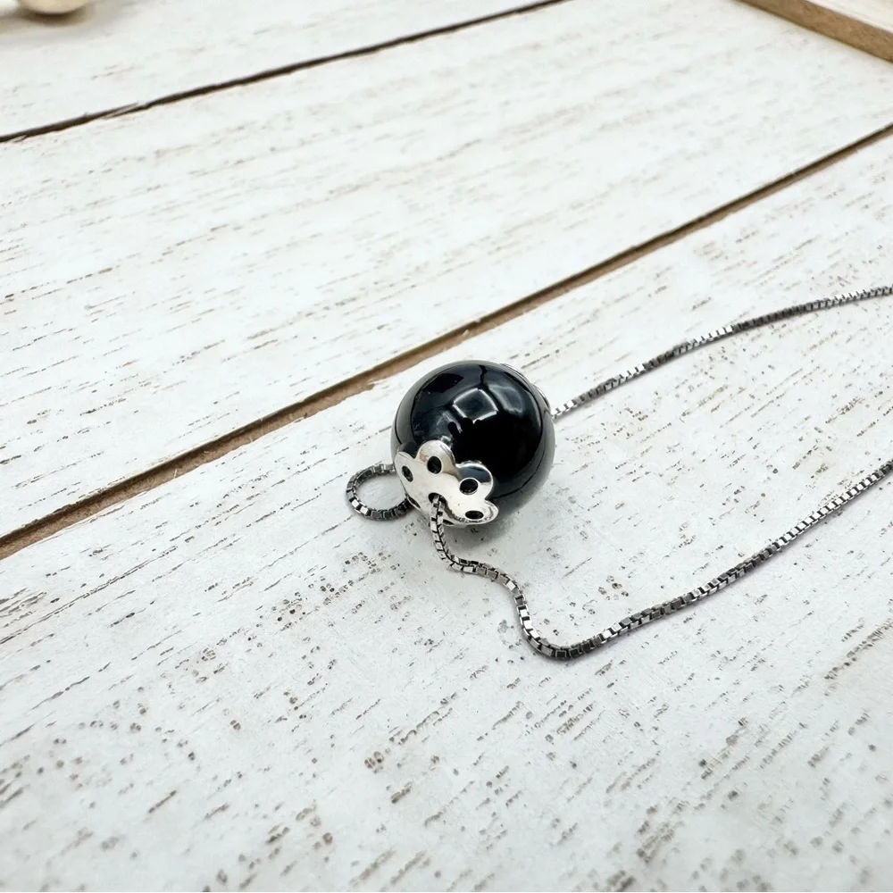 925 Sterling Silver Box Chain & Black Pearl Pendant Necklace 18”